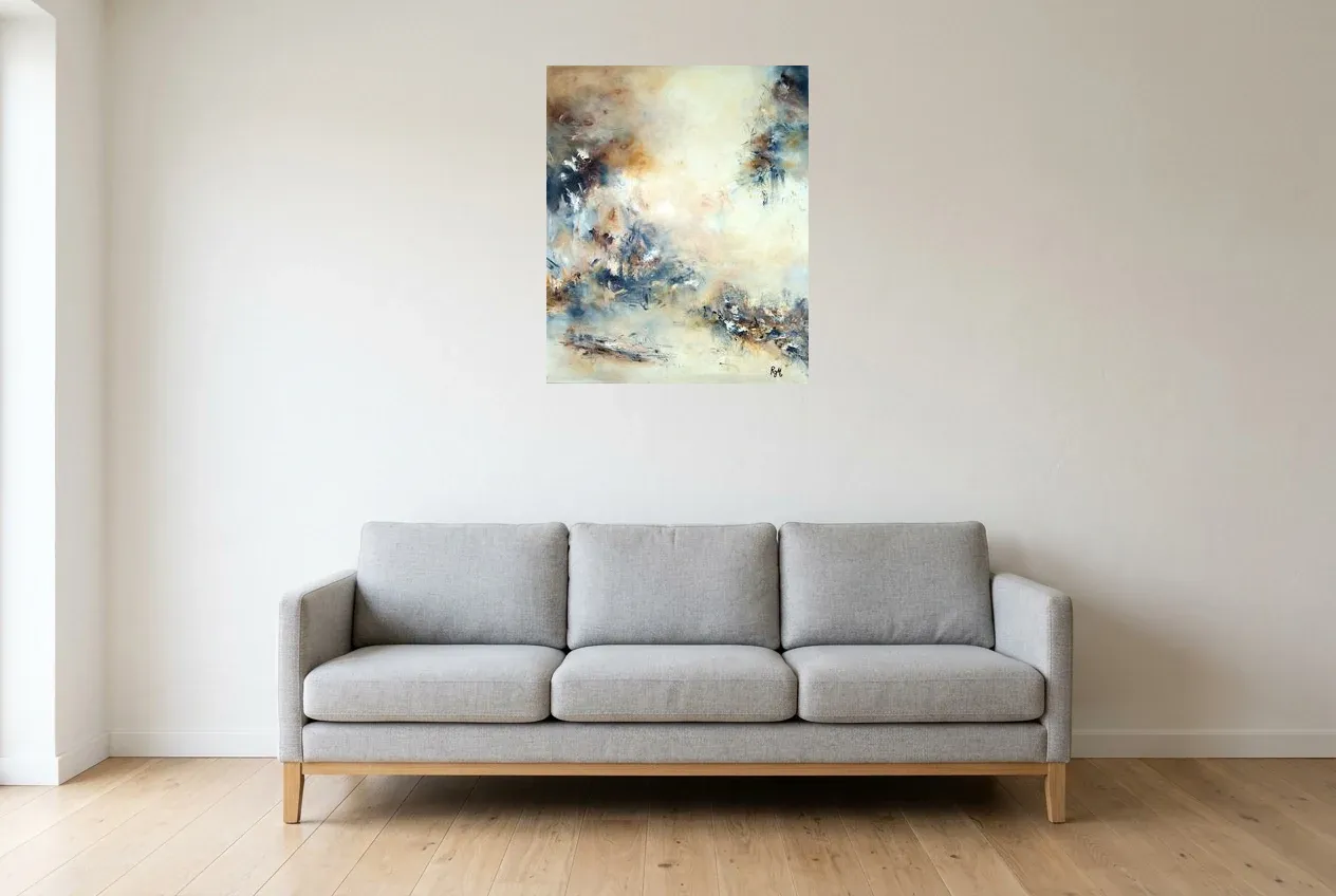 Black Abstract Painting 150 “Crystal”, original oil painting by Régine Gardan, 60 × 73 cm, hung in a living room