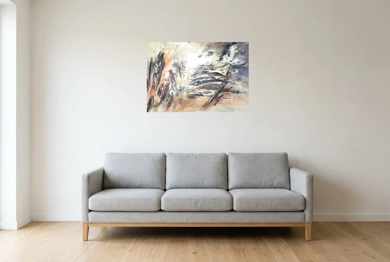 Cuadro Abstracto Negro 155 “Distorsion”, pintura original al óleo de Régine Gardan, 80 × 55 cm, colgado en un salón