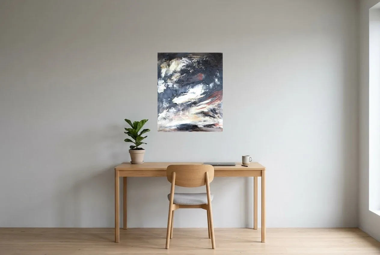 Black Abstract Painting 167 “Mer De Glace”, original oil painting by Régine Gardan, 60 × 73 cm, hung in a home office