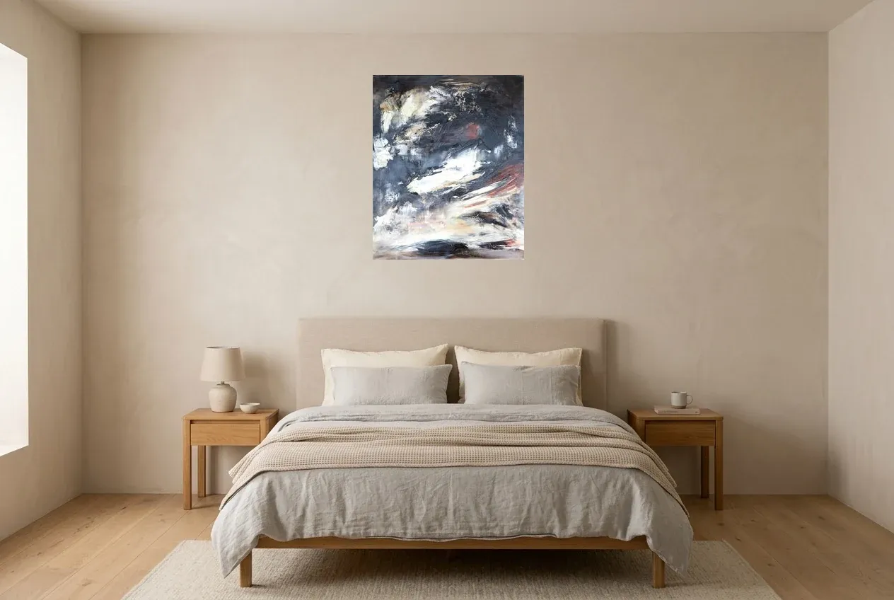 Black Abstract Painting 167 “Mer De Glace”, original oil painting by Régine Gardan, 60 × 73 cm, hung in a bedroom
