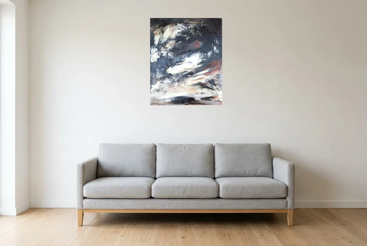 Black Abstract Painting 167 “Mer De Glace”, original oil painting by Régine Gardan, 60 × 73 cm, hung in a living room