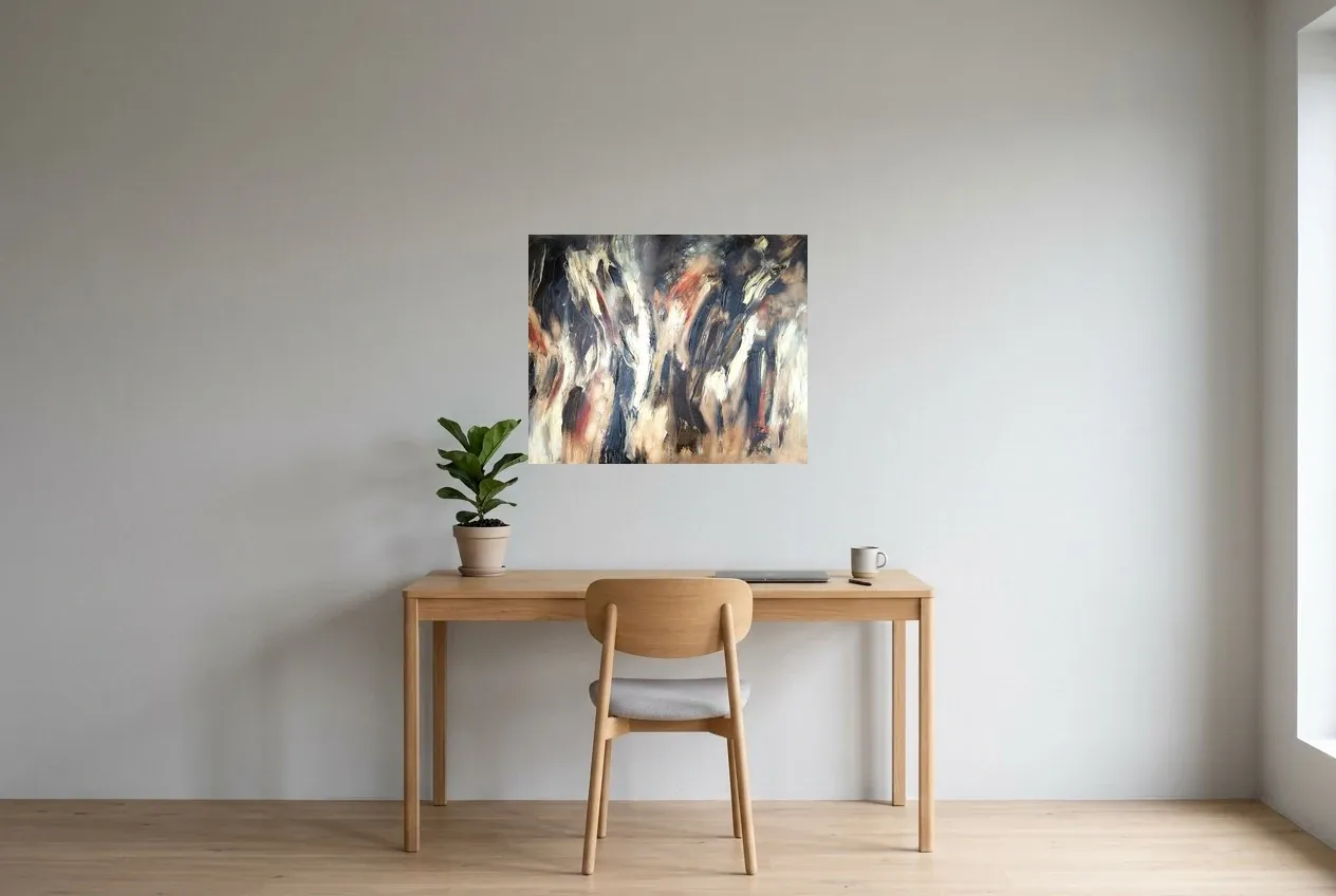 Cuadro Abstracto Negro 168 “Paradoxe”, pintura original al óleo de Régine Gardan, 73 × 60 cm, colgado en un despacho