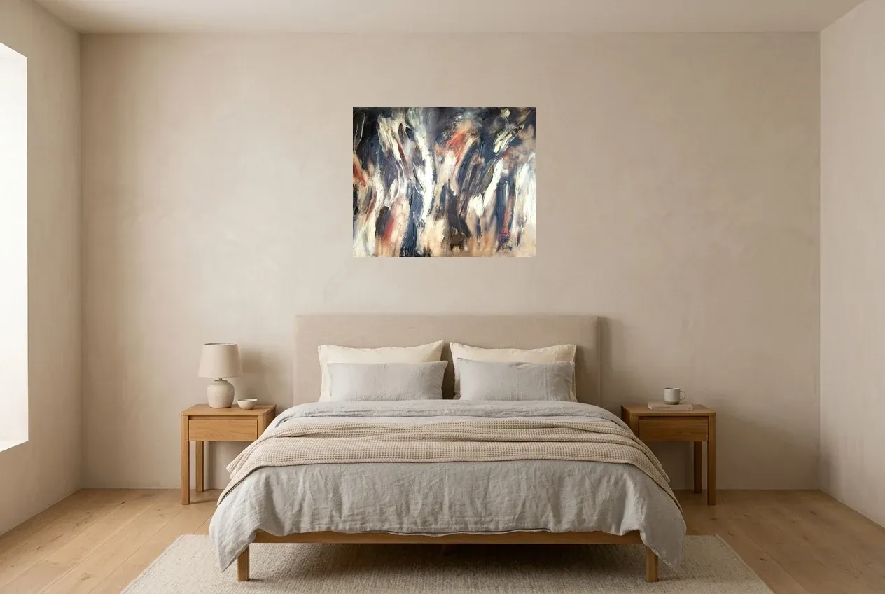Cuadro Abstracto Negro 168 “Paradoxe”, pintura original al óleo de Régine Gardan, 73 × 60 cm, colgado en un dormitorio