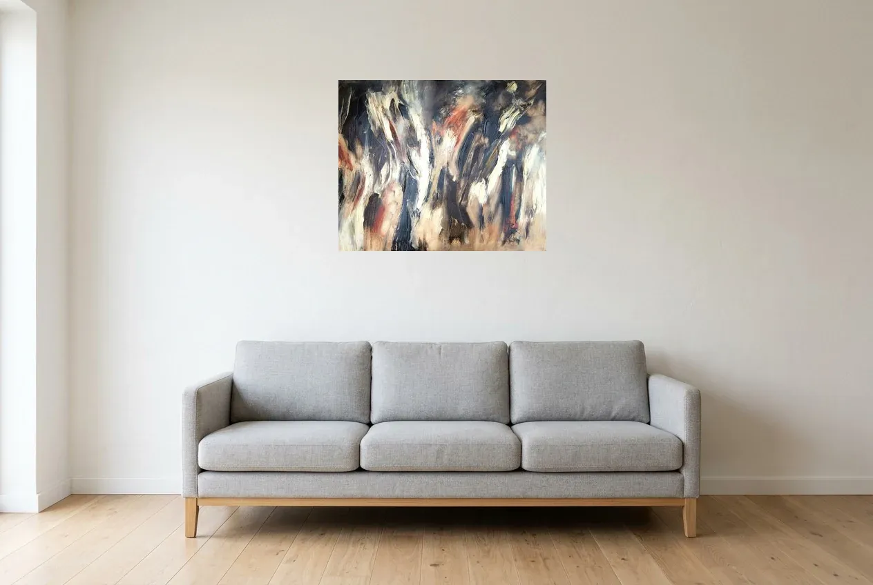 Cuadro Abstracto Negro 168 “Paradoxe”, pintura original al óleo de Régine Gardan, 73 × 60 cm, colgado en un salón