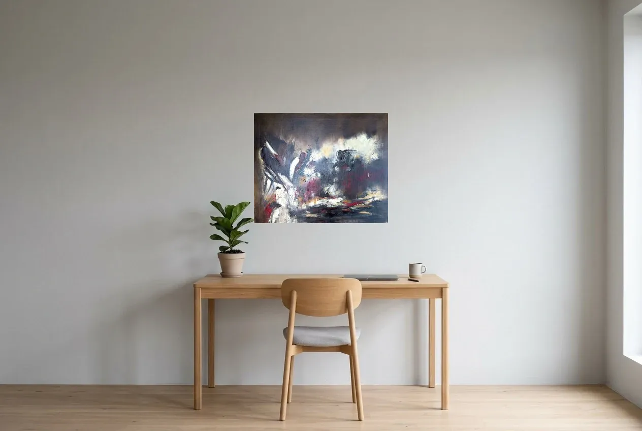 Black Abstract Painting 169 “Univers Carbone”, original oil painting by Régine Gardan, 73 × 60 cm, hung in a home office