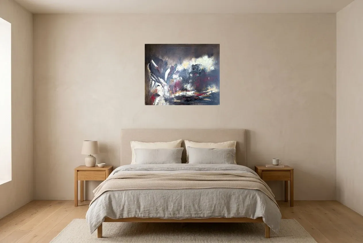 Black Abstract Painting 169 “Univers Carbone”, original oil painting by Régine Gardan, 73 × 60 cm, hung in a bedroom