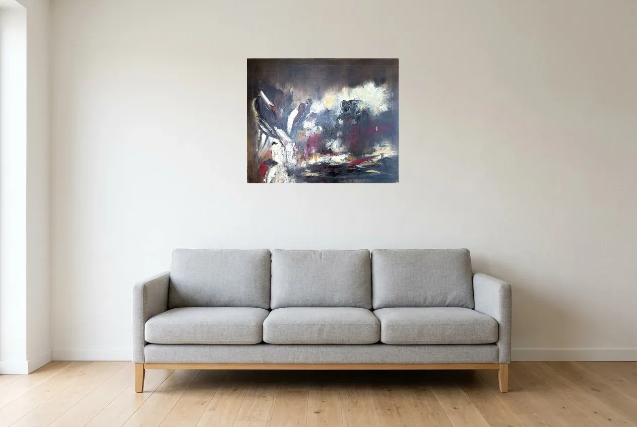 Black Abstract Painting 169 “Univers Carbone”, original oil painting by Régine Gardan, 73 × 60 cm, hung in a living room
