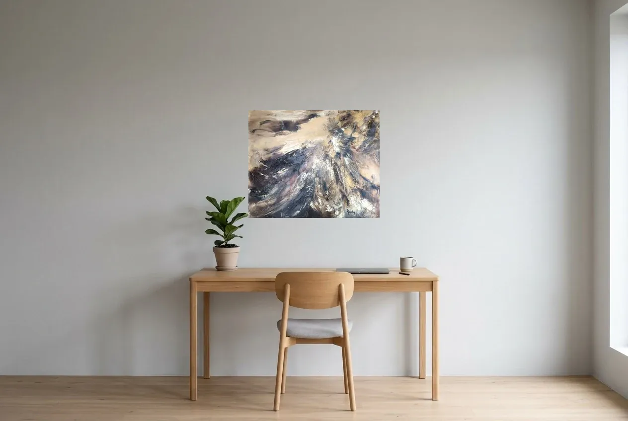 Cuadro Abstracto Negro 172 “Plumes”, pintura original al óleo de Régine Gardan, 73 × 60 cm, colgado en un despacho