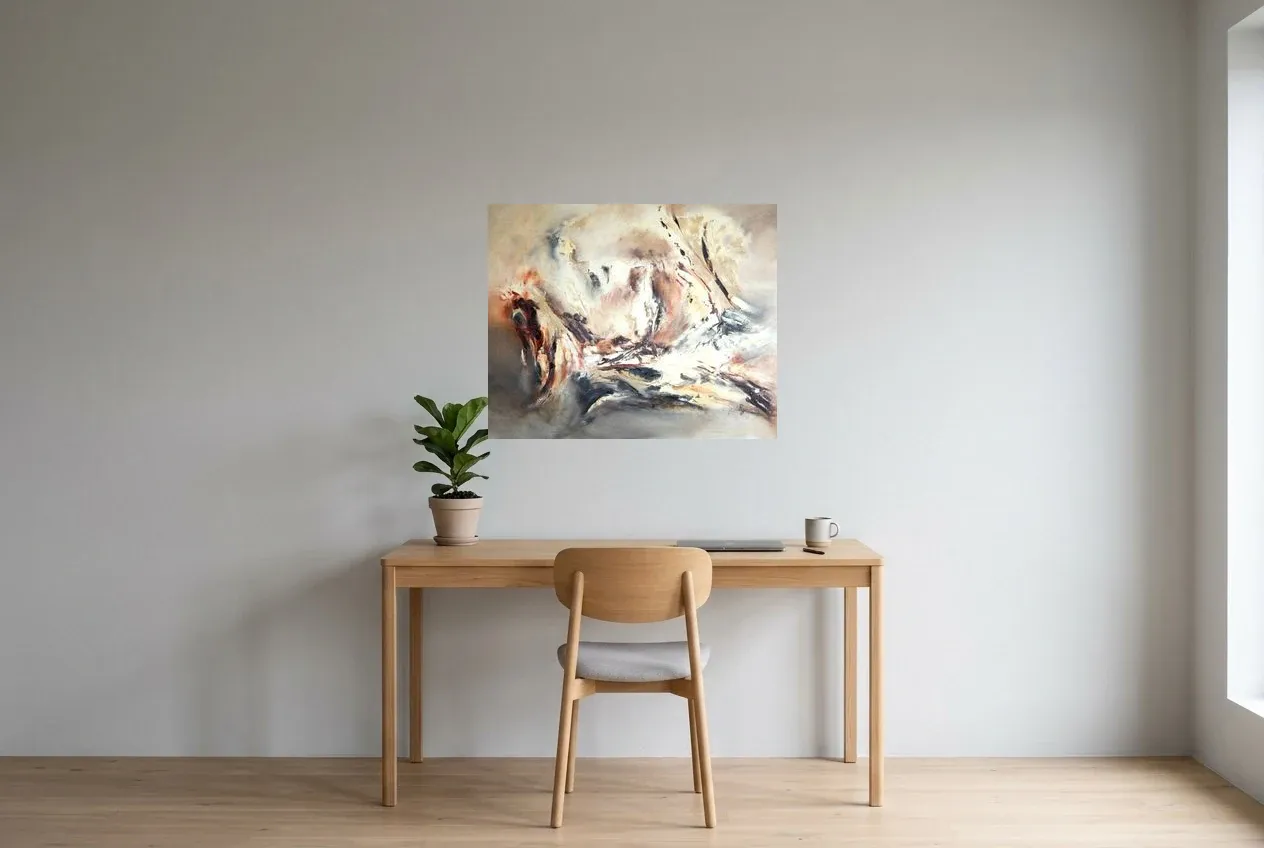 Black Abstract Wall Art 194 “Création”, original oil painting by Régine Gardan, 80 × 65 cm, hung in a home office