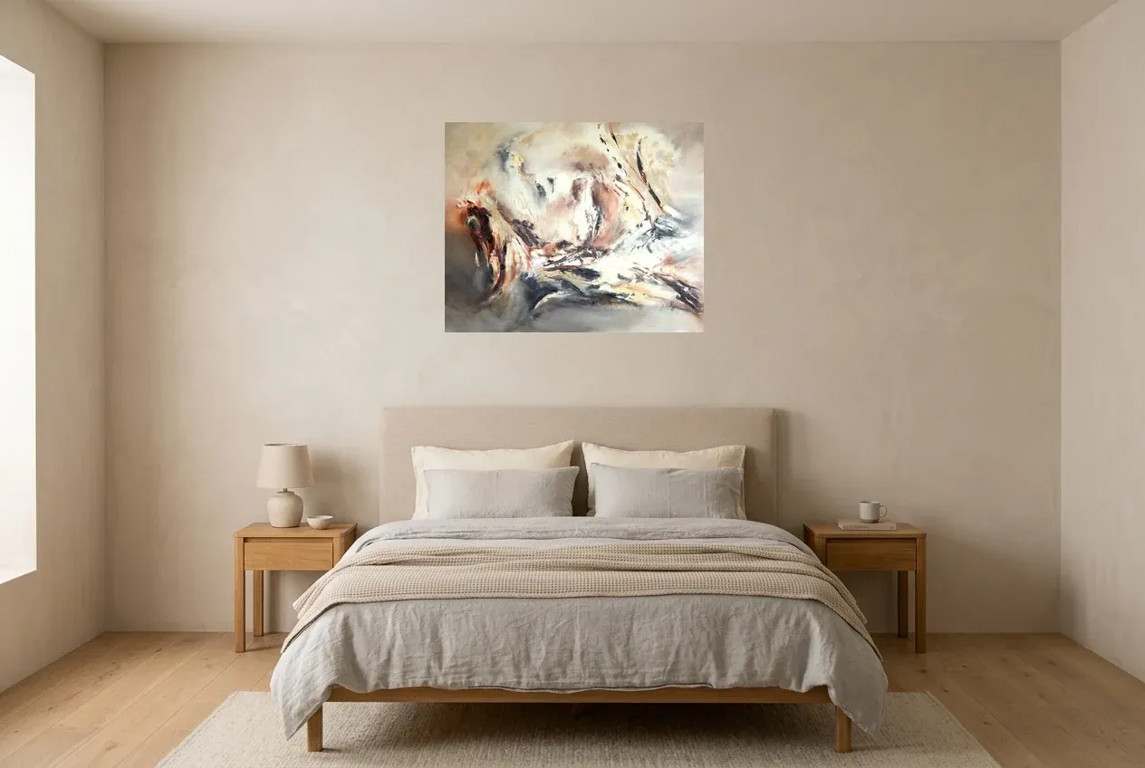 Black Abstract Wall Art 194 “Création”, original oil painting by Régine Gardan, 80 × 65 cm, hung in a bedroom