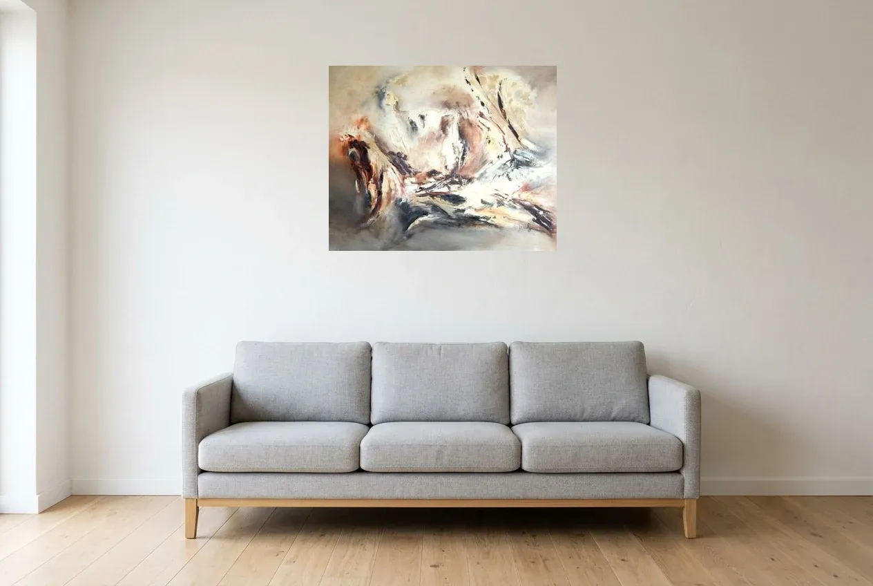 Black Abstract Wall Art 194 “Création”, original oil painting by Régine Gardan, 80 × 65 cm, hung in a living room