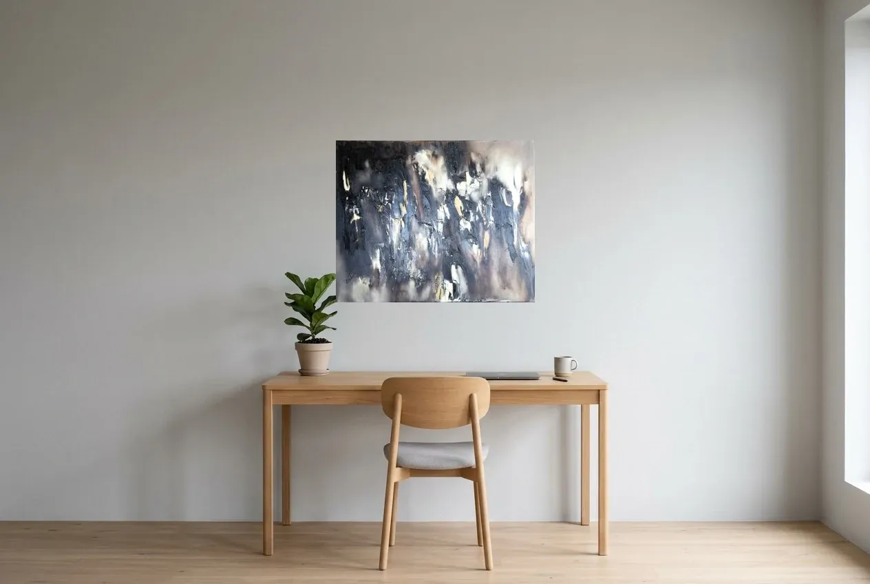 Black Abstract Painting 199 “Fusion”, original oil painting by Régine Gardan, 80 × 65 cm, hung in a home office