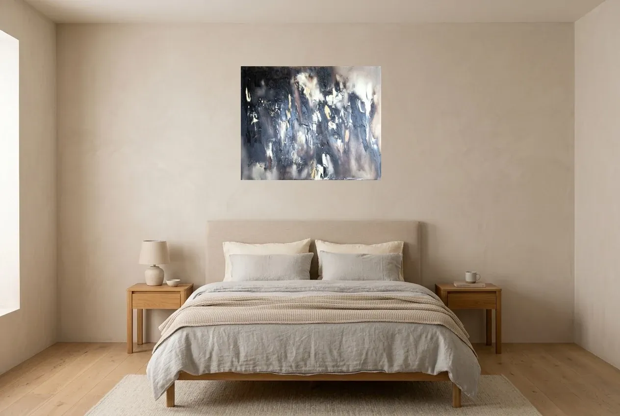 Black Abstract Painting 199 “Fusion”, original oil painting by Régine Gardan, 80 × 65 cm, hung in a bedroom