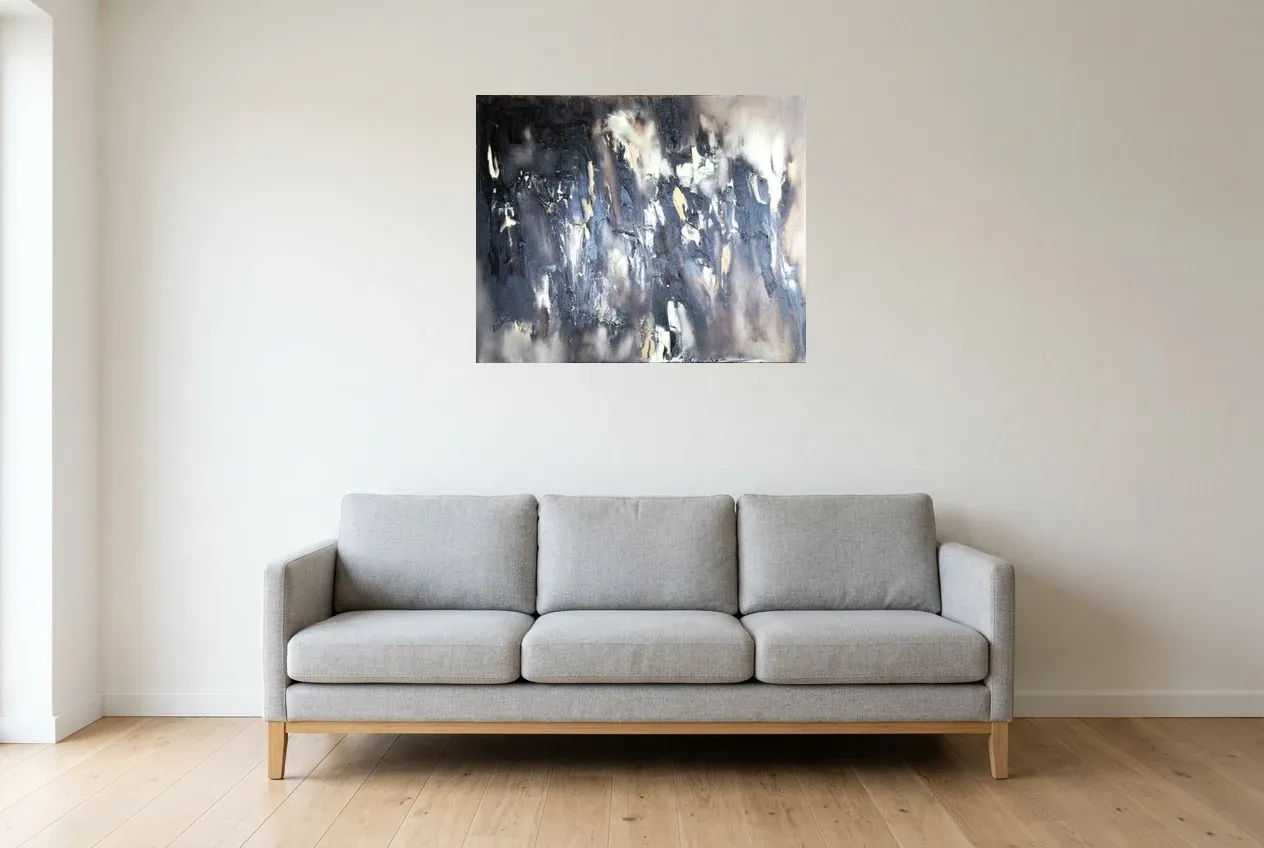 Black Abstract Painting 199 “Fusion”, original oil painting by Régine Gardan, 80 × 65 cm, hung in a living room