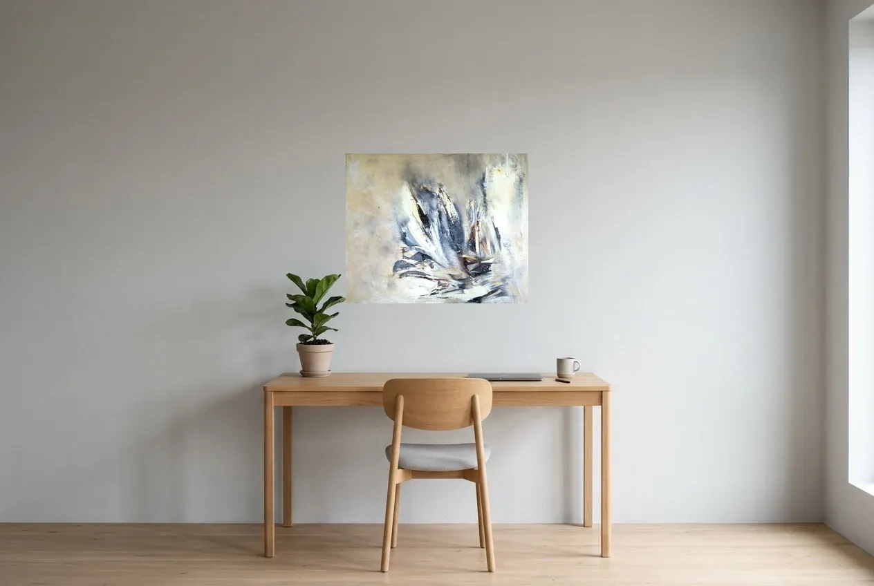 Cuadro Abstracto Negro 200 “Liberté”, pintura original al óleo de Régine Gardan, 73 × 60 cm, colgado en un despacho