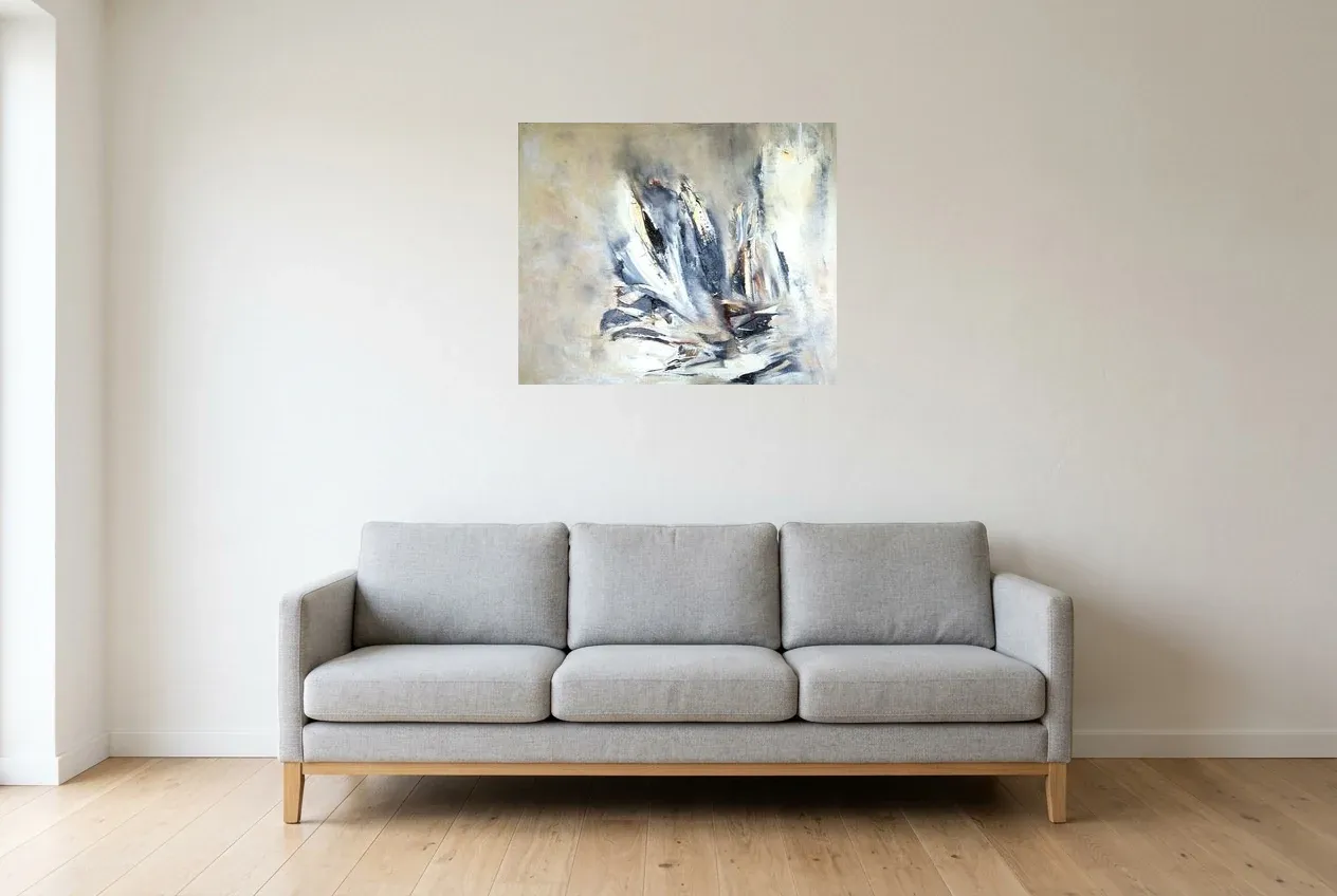 Cuadro Abstracto Negro 200 “Liberté”, pintura original al óleo de Régine Gardan, 73 × 60 cm, colgado en un salón