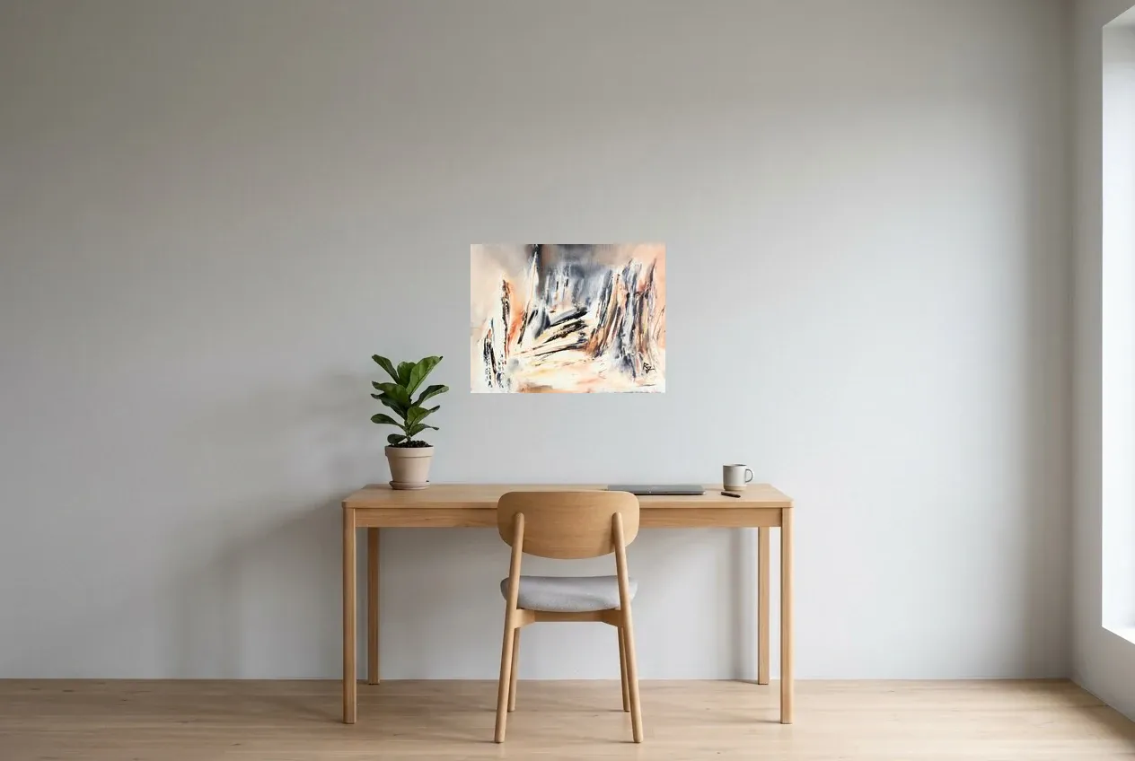 Black Abstract Painting 226 “Grand Canyon”, original oil painting by Régine Gardan, 60 × 46 cm, hung in a home office