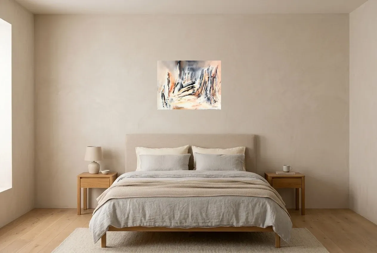 Black Abstract Painting 226 “Grand Canyon”, original oil painting by Régine Gardan, 60 × 46 cm, hung in a bedroom