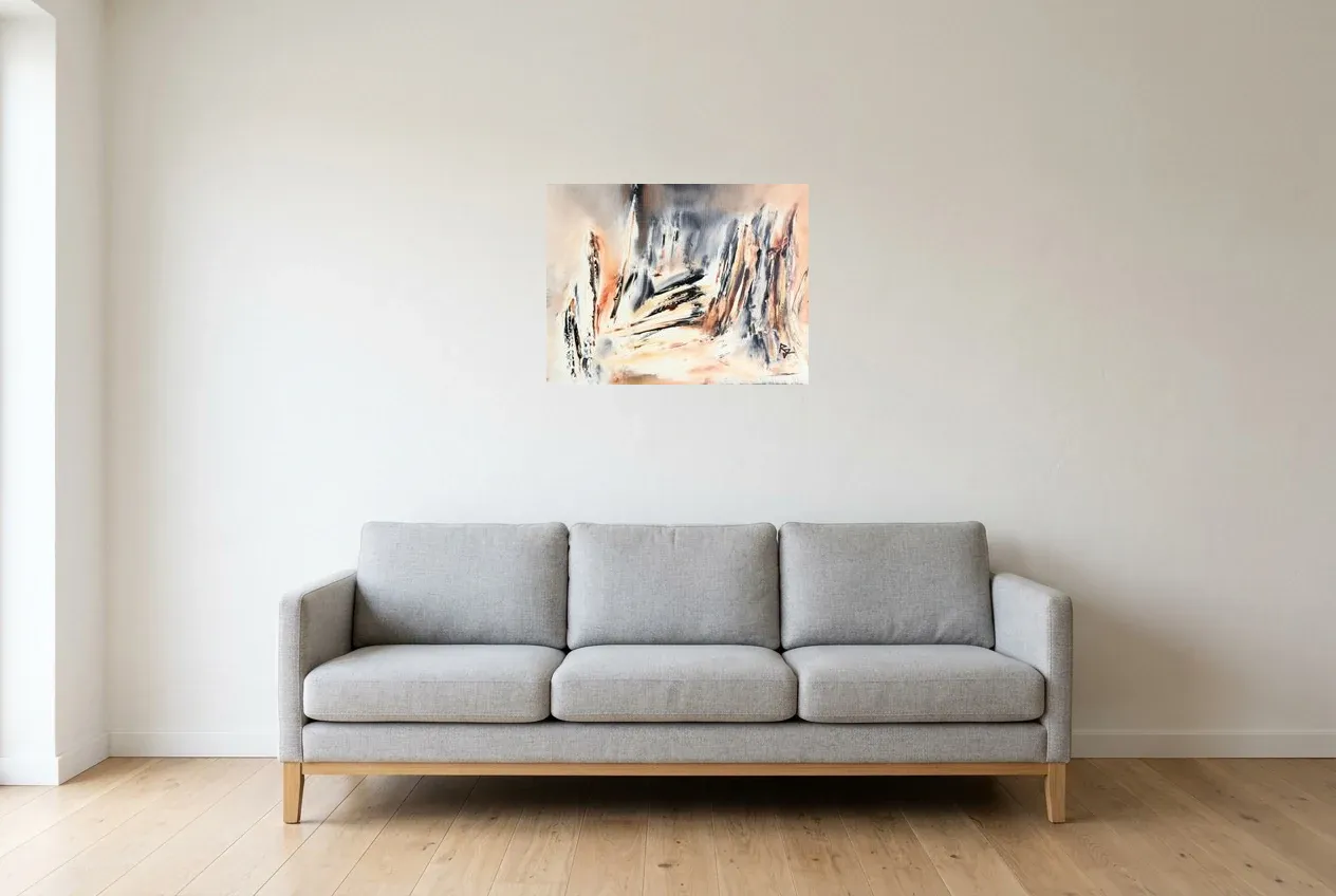 Black Abstract Painting 226 “Grand Canyon”, original oil painting by Régine Gardan, 60 × 46 cm, hung in a living room