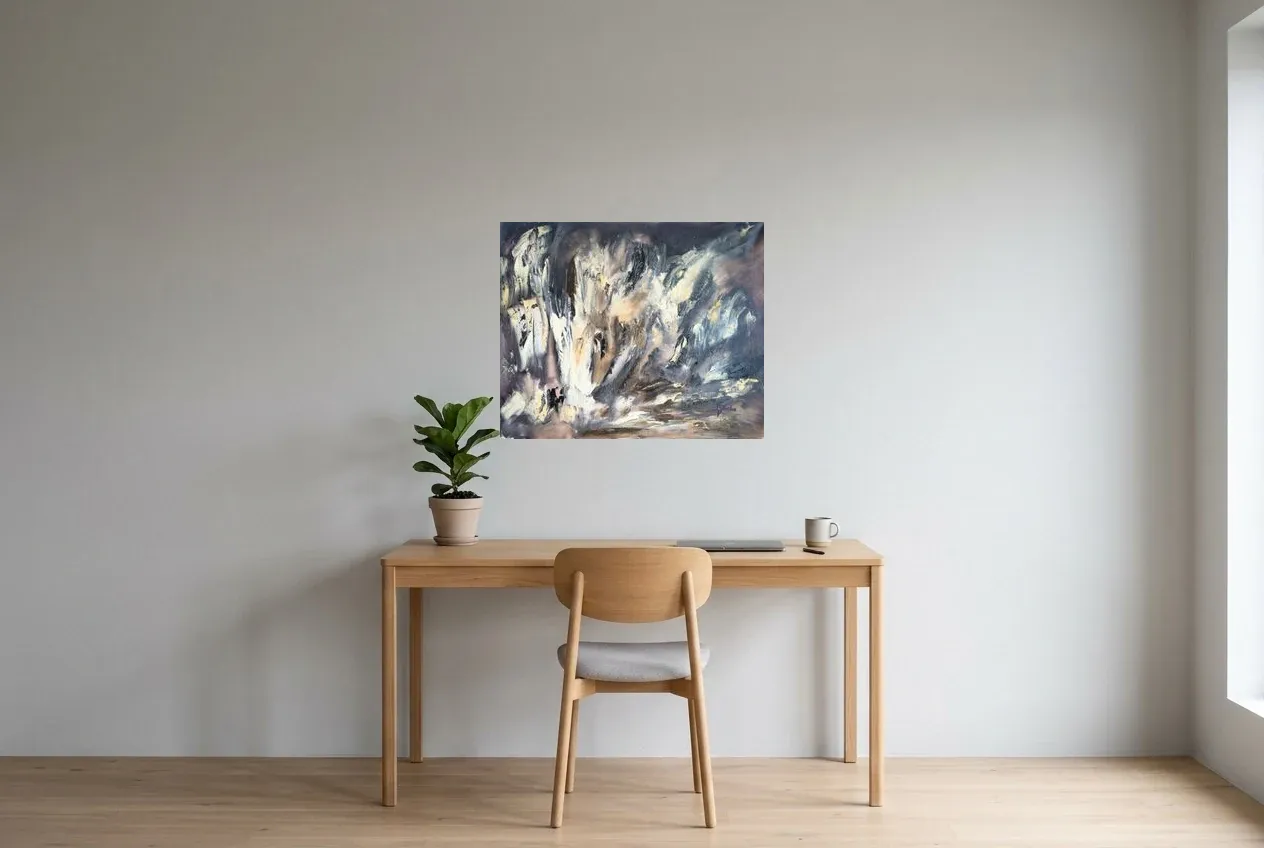 Black Abstract Painting 231 “Émergence”, original oil painting by Régine Gardan, 73 × 60 cm, hung in a home office
