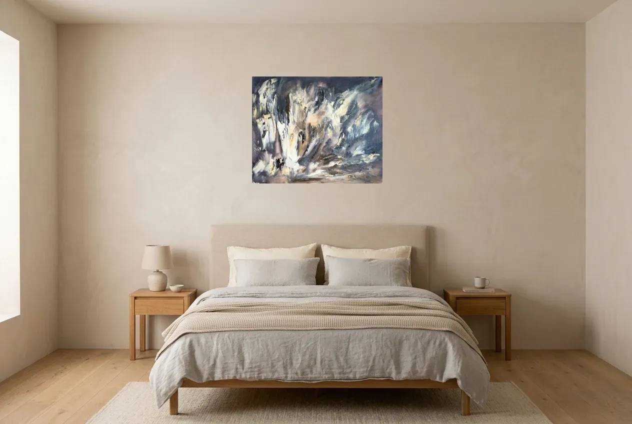 Black Abstract Painting 231 “Émergence”, original oil painting by Régine Gardan, 73 × 60 cm, hung in a bedroom