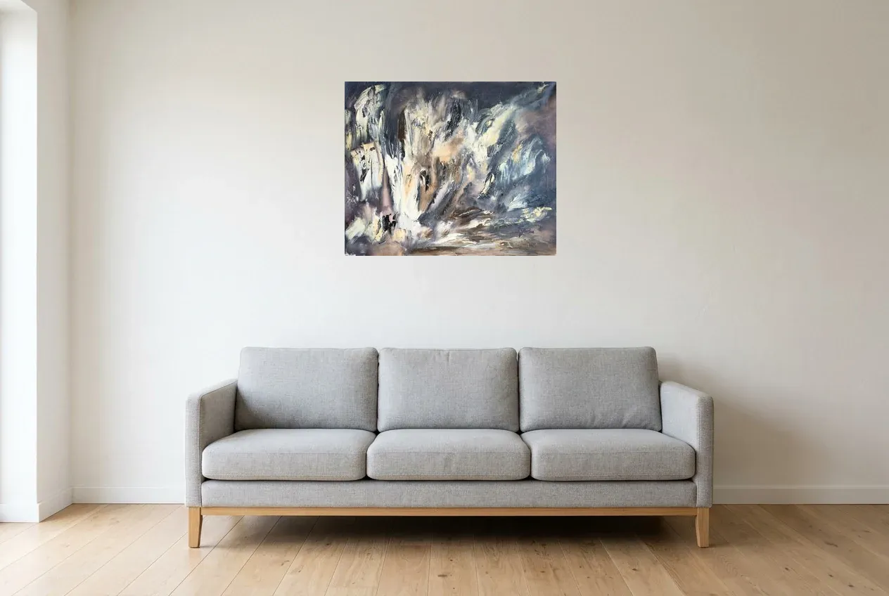 Black Abstract Painting 231 “Émergence”, original oil painting by Régine Gardan, 73 × 60 cm, hung in a living room