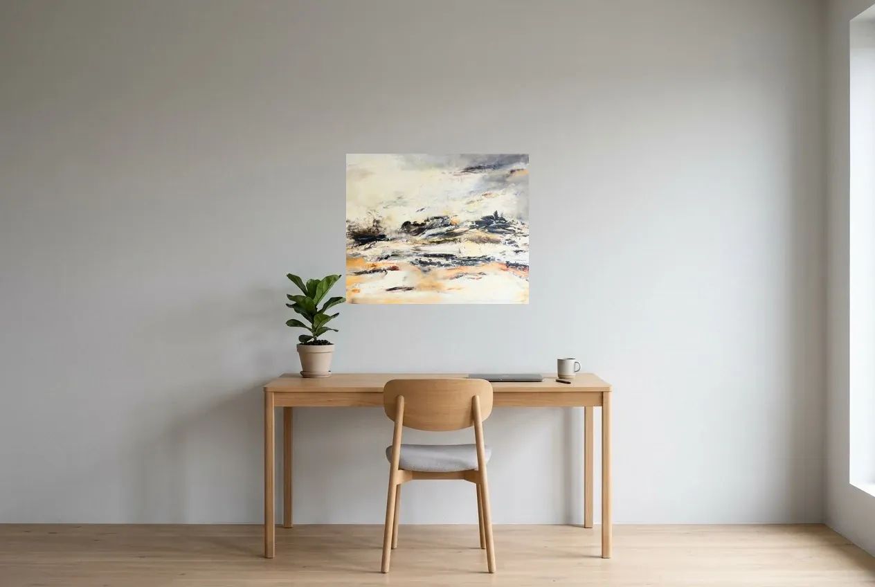 Black Abstract Painting 232 “Pyrénées”, original oil painting by Régine Gardan, 73 × 60 cm, hung in a home office