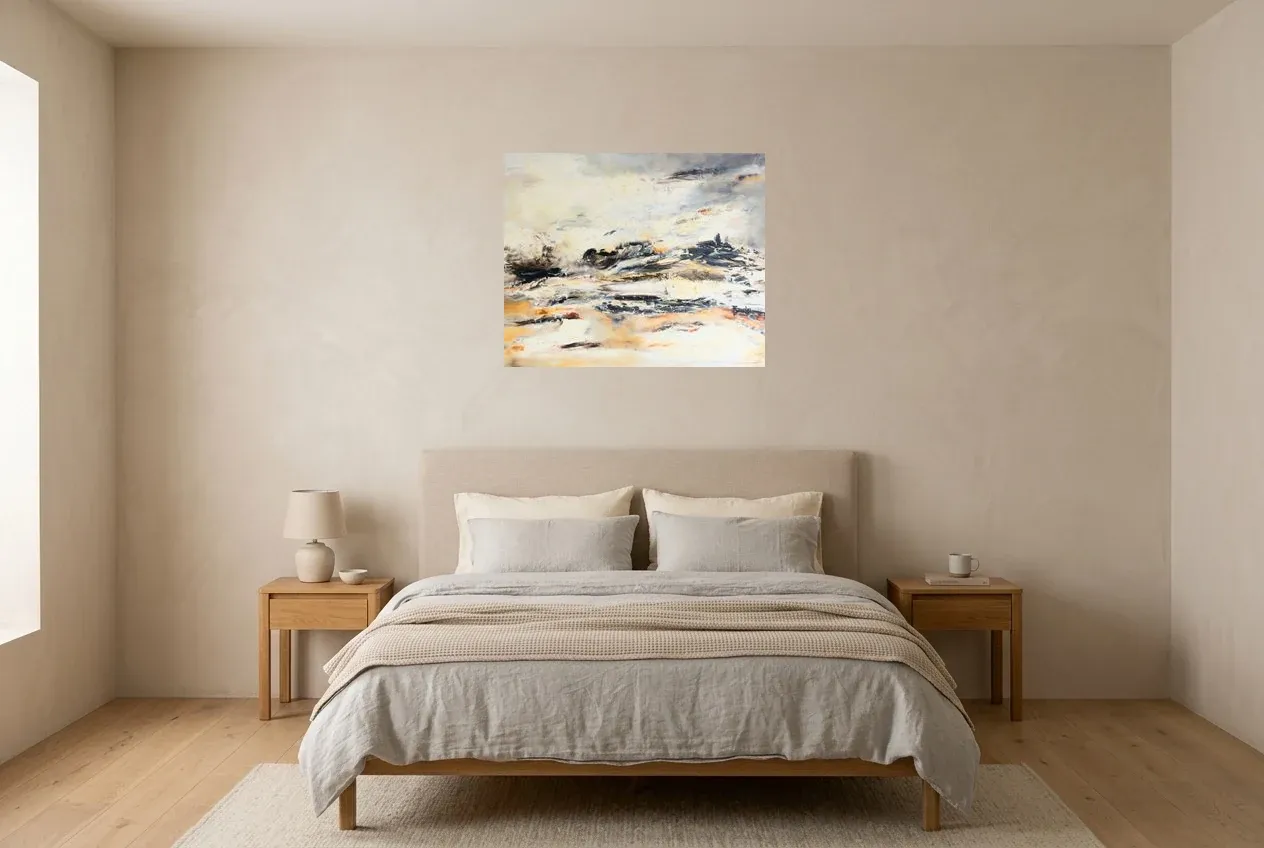 Black Abstract Painting 232 “Pyrénées”, original oil painting by Régine Gardan, 73 × 60 cm, hung in a bedroom