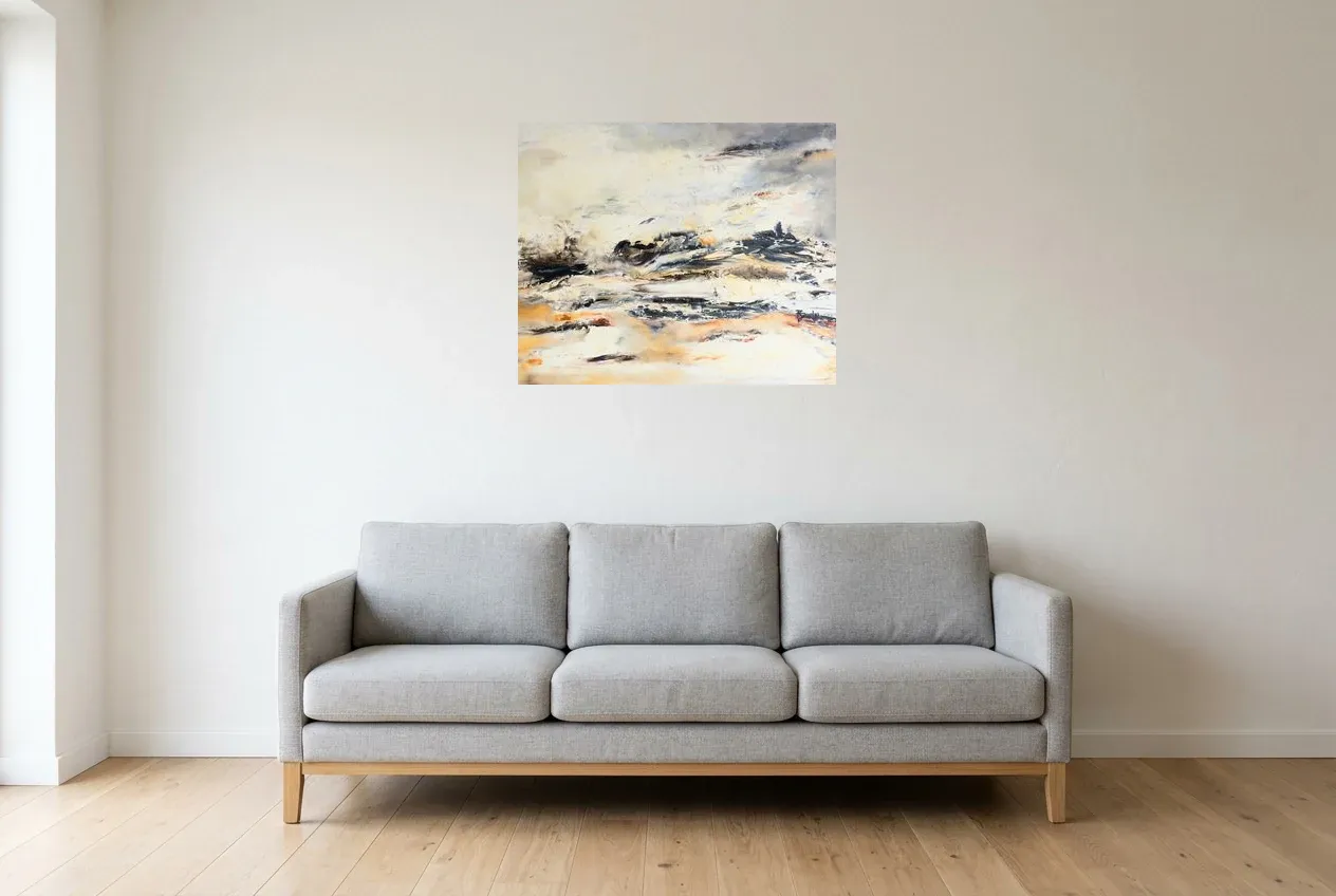 Black Abstract Painting 232 “Pyrénées”, original oil painting by Régine Gardan, 73 × 60 cm, hung in a living room