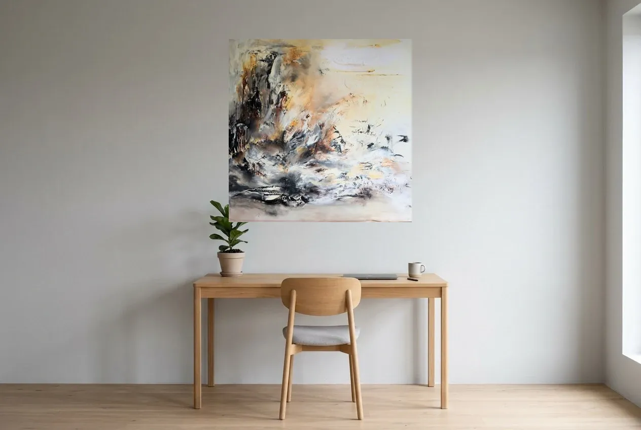 Yellow Abstract Painting 240 “Ambition”, original oil painting by Régine Gardan, 100 × 100 cm, hung in a home office