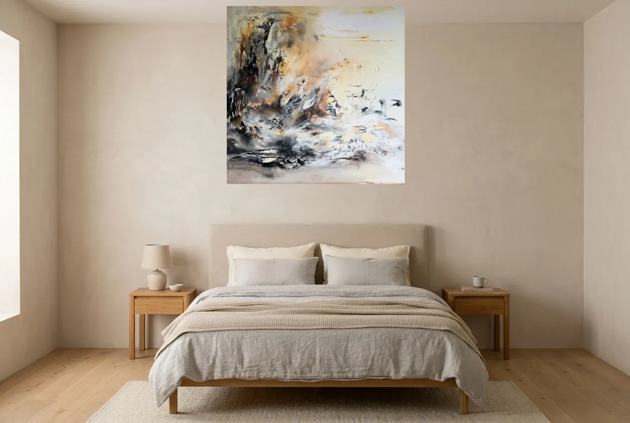 Yellow Abstract Painting 240 “Ambition”, original oil painting by Régine Gardan, 100 × 100 cm, hung in a bedroom