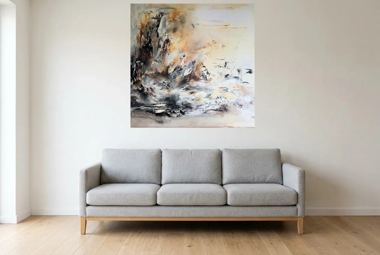 Yellow Abstract Painting 240 “Ambition”, original oil painting by Régine Gardan, 100 × 100 cm, hung in a living room