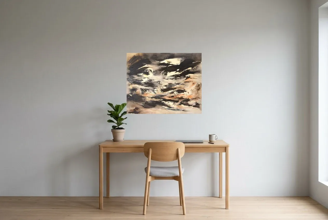 Black Abstract Painting 52 “Ascension”, original oil painting by Régine Gardan, 80 × 65 cm, hung in a home office