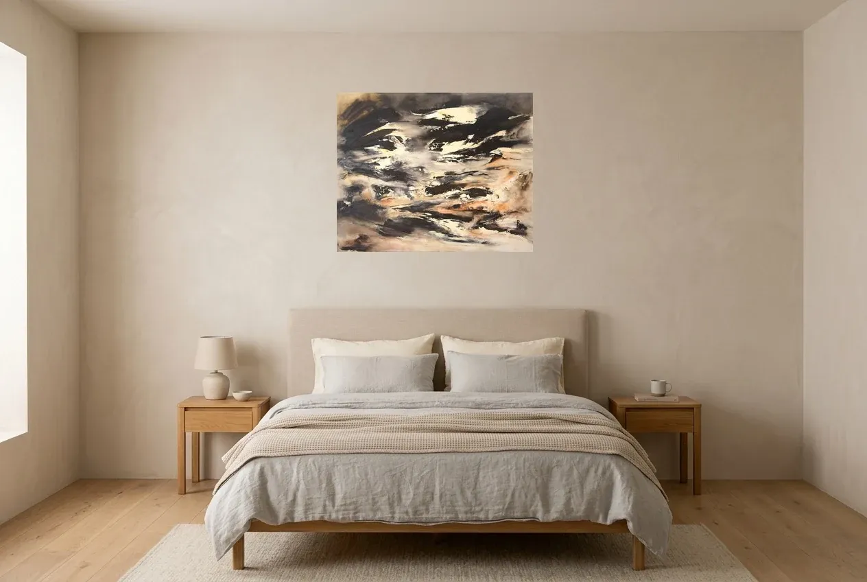 Black Abstract Painting 52 “Ascension”, original oil painting by Régine Gardan, 80 × 65 cm, hung in a bedroom