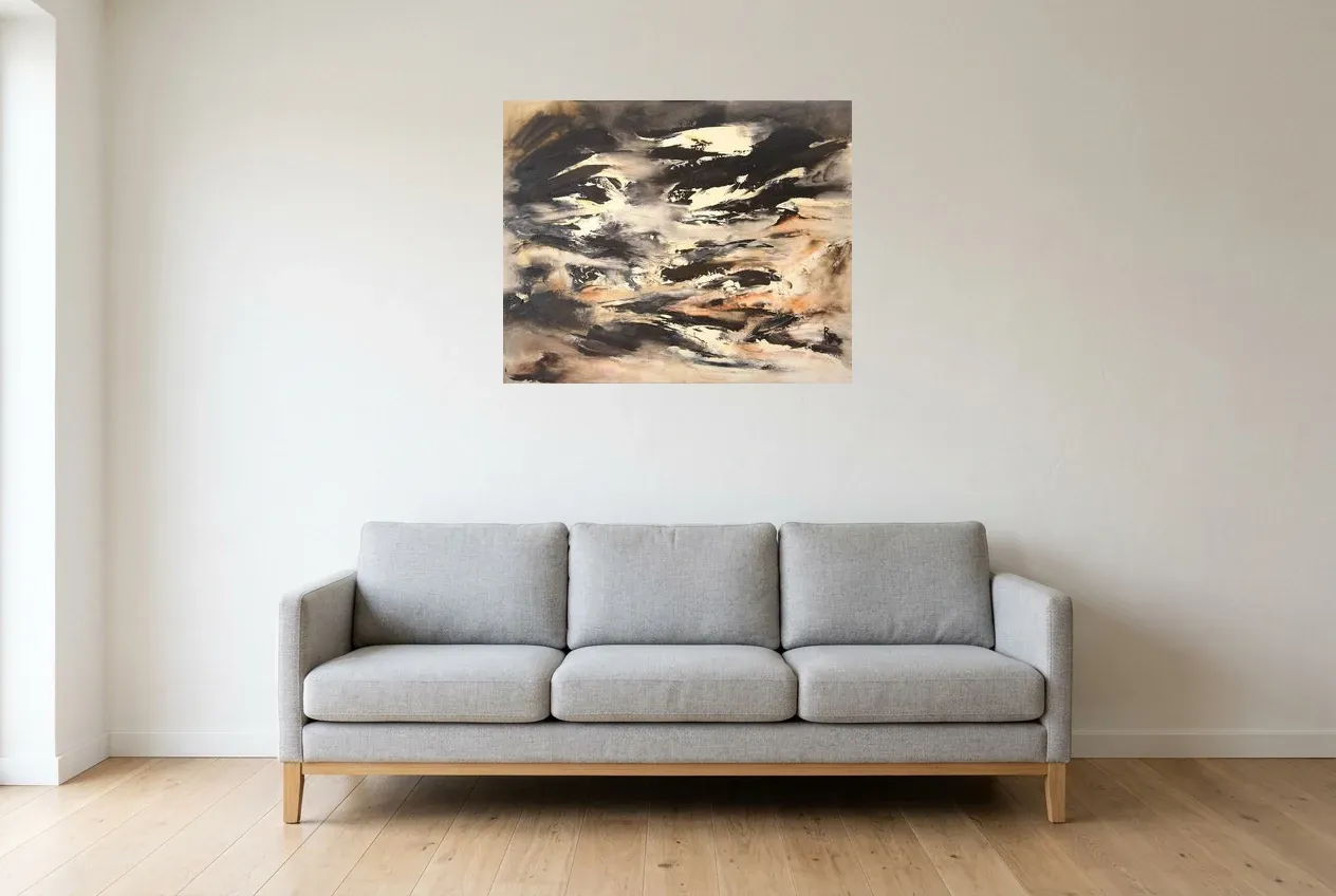 Black Abstract Painting 52 “Ascension”, original oil painting by Régine Gardan, 80 × 65 cm, hung in a living room