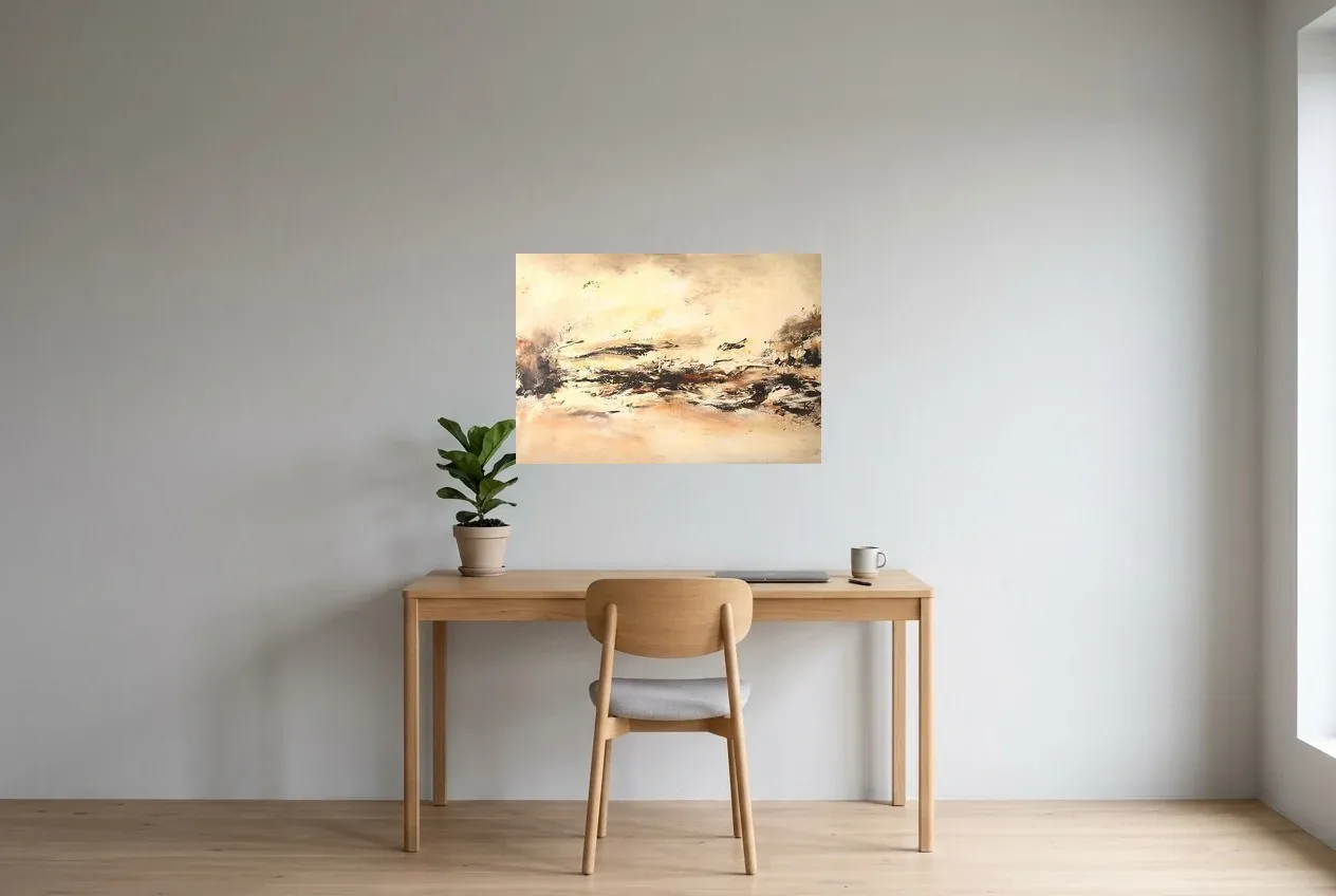 Cuadro Abstracto Negro 57 “Hiver Éternel”, pintura original al óleo de Régine Gardan, 80 × 55 cm, colgado en un despacho