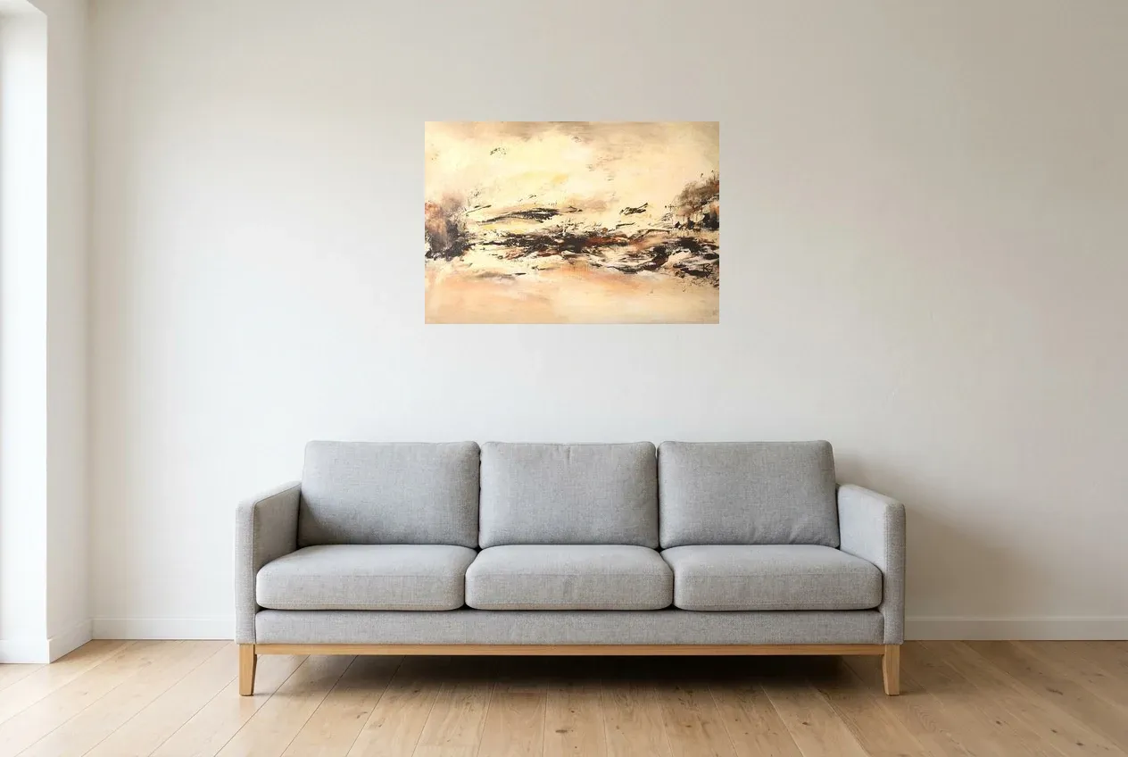 Cuadro Abstracto Negro 57 “Hiver Éternel”, pintura original al óleo de Régine Gardan, 80 × 55 cm, colgado en un salón