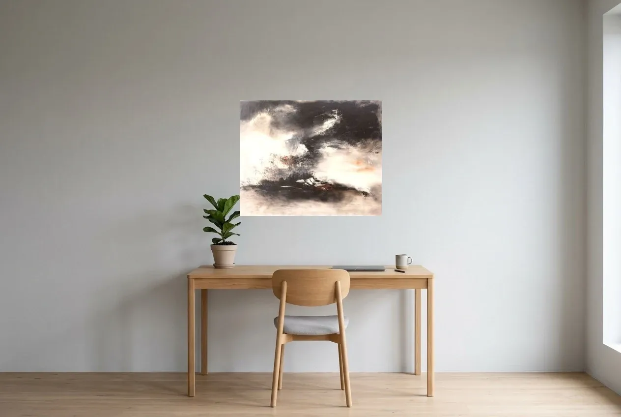 Black Abstract Painting 71 “Ombre Portée”, original oil painting by Régine Gardan, 80 × 65 cm, hung in a home office