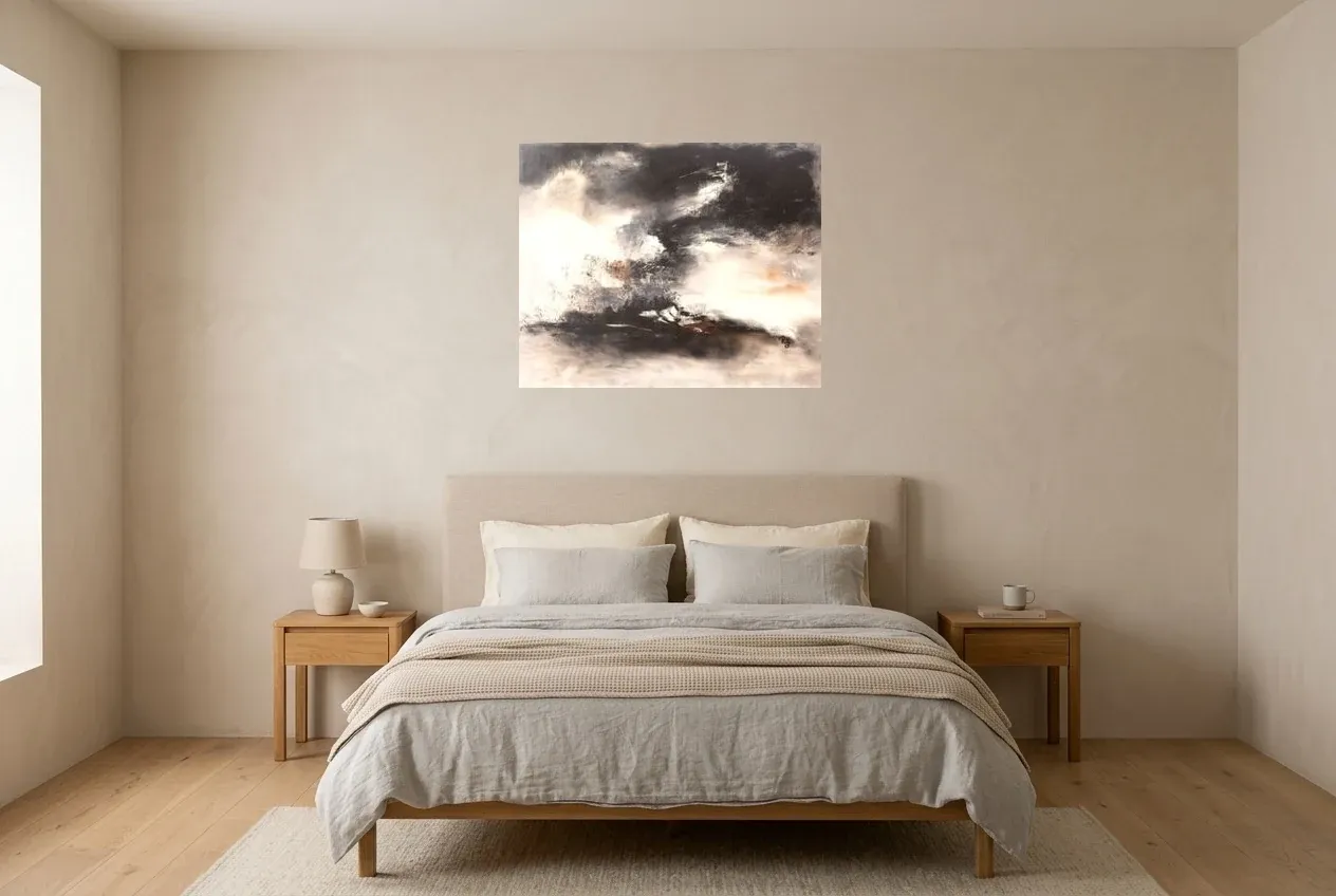Black Abstract Painting 71 “Ombre Portée”, original oil painting by Régine Gardan, 80 × 65 cm, hung in a bedroom