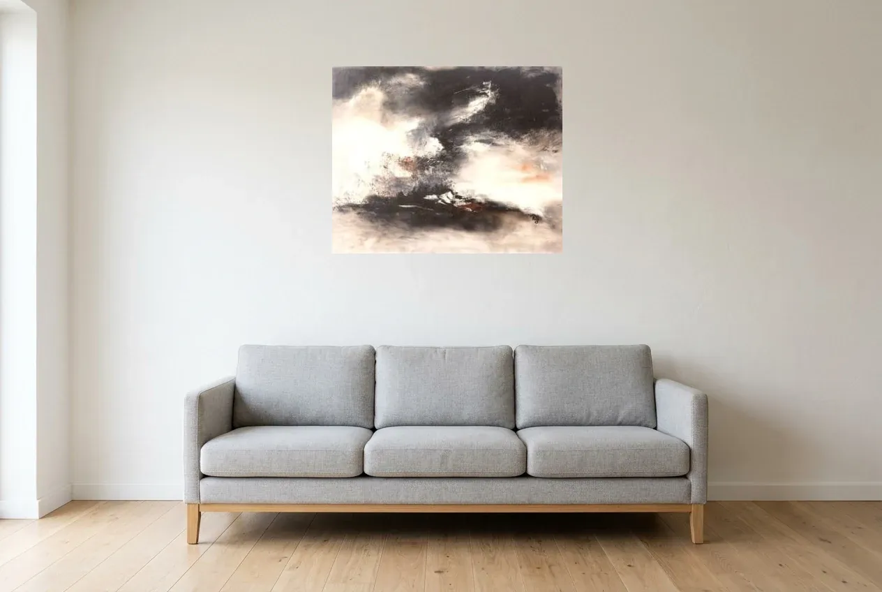 Black Abstract Painting 71 “Ombre Portée”, original oil painting by Régine Gardan, 80 × 65 cm, hung in a living room