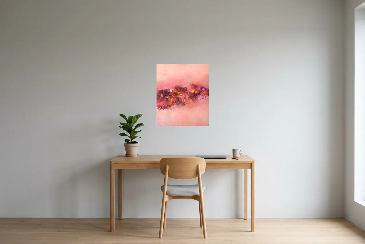 Pink Abstract Painting 11 “Fleurs de Rose”, original oil painting by Régine Gardan, 50 × 60 cm, hung in a home office