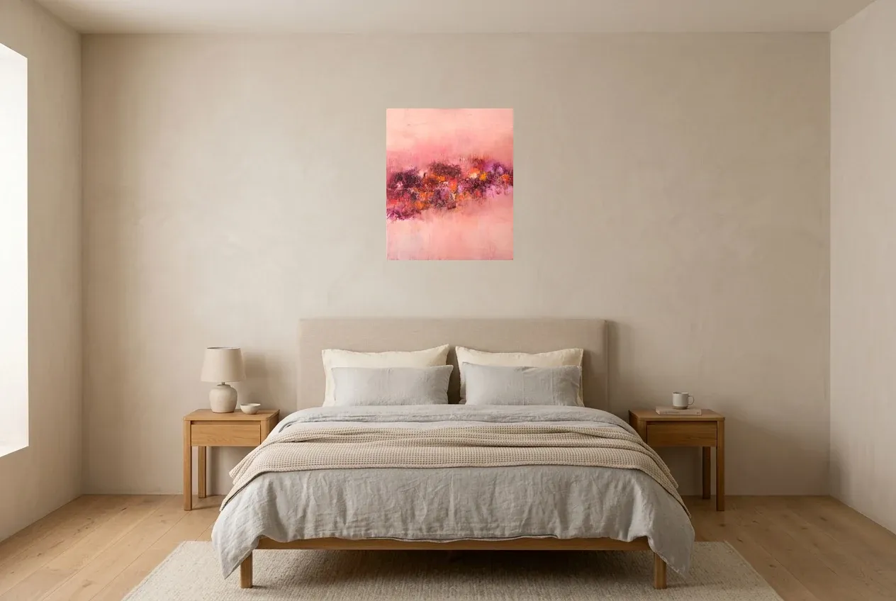 Pink Abstract Painting 11 “Fleurs de Rose”, original oil painting by Régine Gardan, 50 × 60 cm, hung in a bedroom