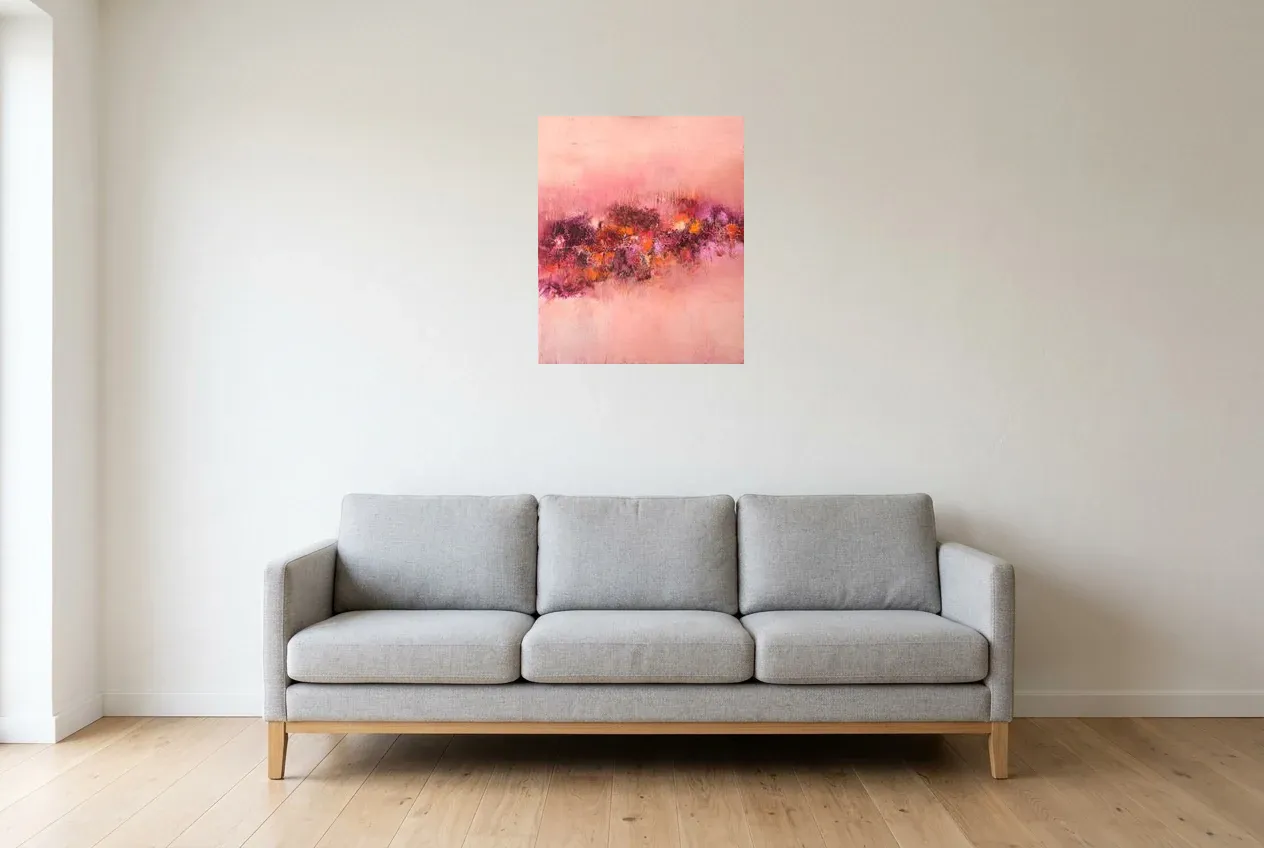 Pink Abstract Painting 11 “Fleurs de Rose”, original oil painting by Régine Gardan, 50 × 60 cm, hung in a living room