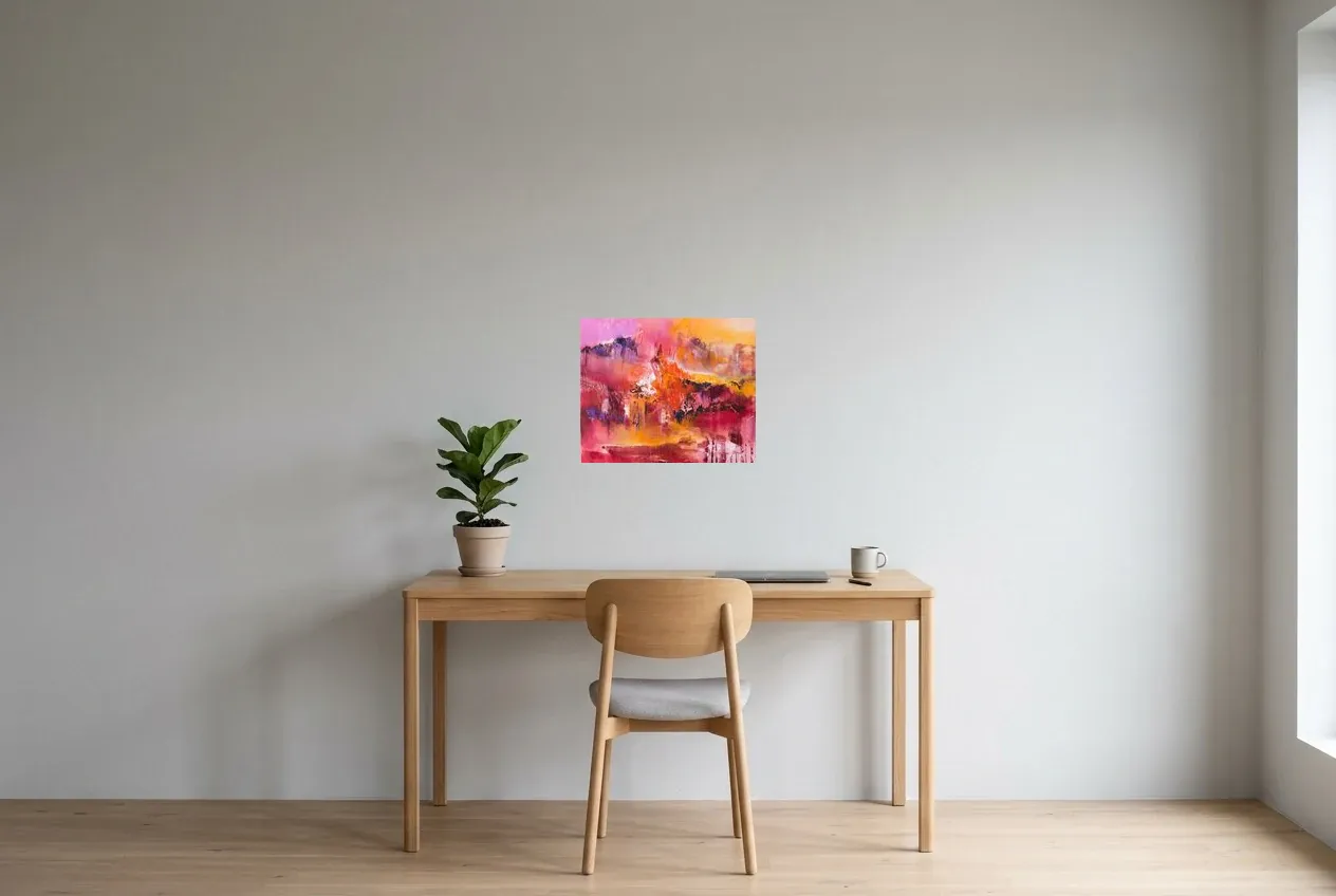 Pink Abstract Painting 114 “île Matinale”, original oil painting by Régine Gardan, 46 × 38 cm, hung in a home office