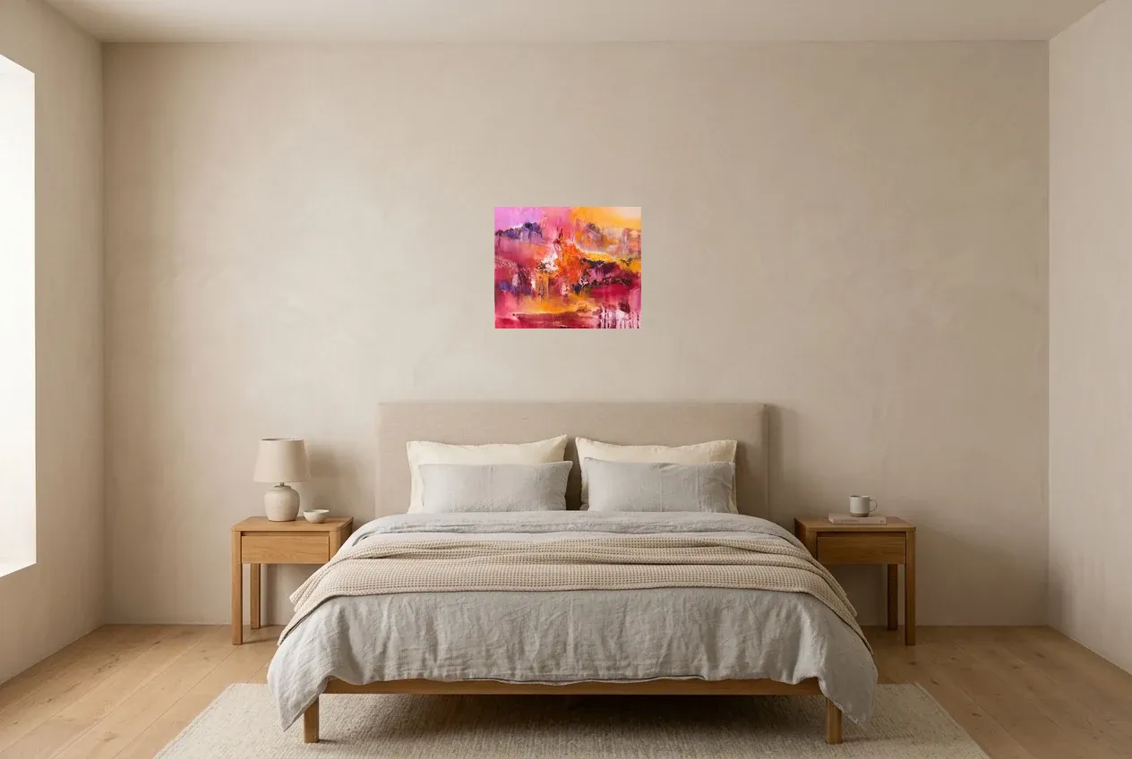 Pink Abstract Painting 114 “île Matinale”, original oil painting by Régine Gardan, 46 × 38 cm, hung in a bedroom