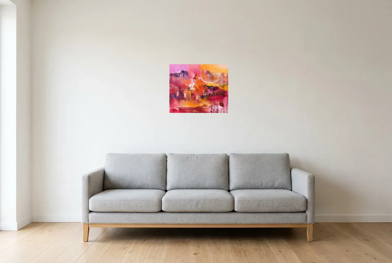 Pink Abstract Painting 114 “île Matinale”, original oil painting by Régine Gardan, 46 × 38 cm, hung in a living room
