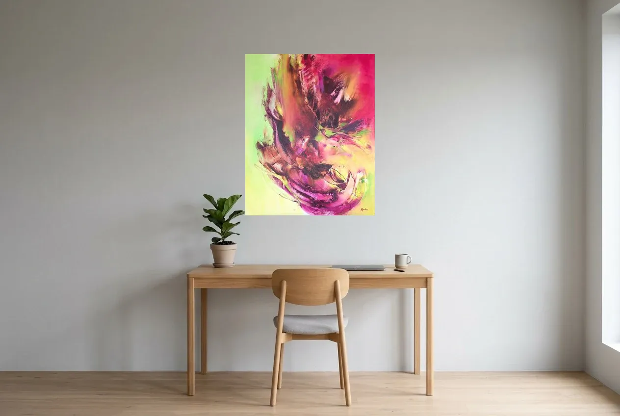 Pink Abstract Painting 127 “Éclosion”, original oil painting by Régine Gardan, 73 × 91 cm, hung in a home office
