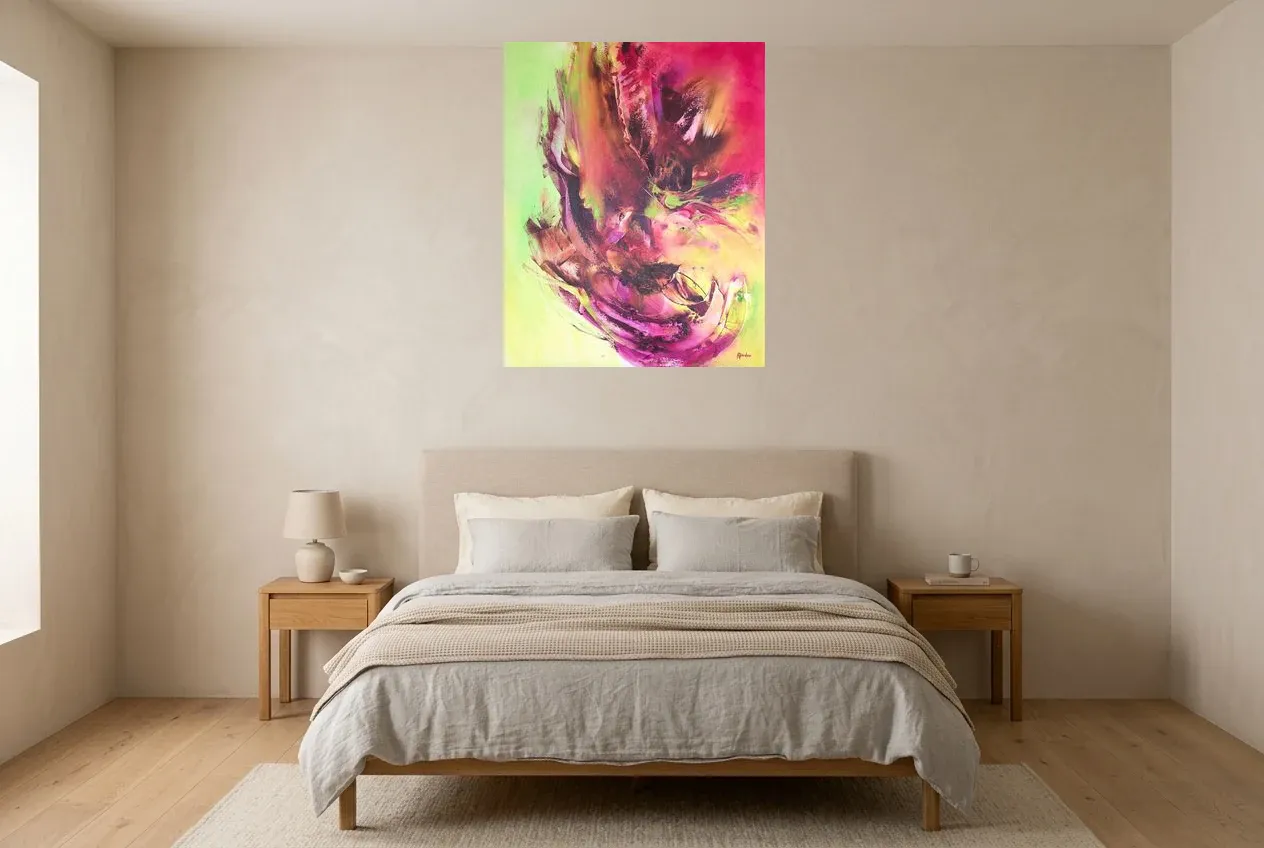 Pink Abstract Painting 127 “Éclosion”, original oil painting by Régine Gardan, 73 × 91 cm, hung in a bedroom