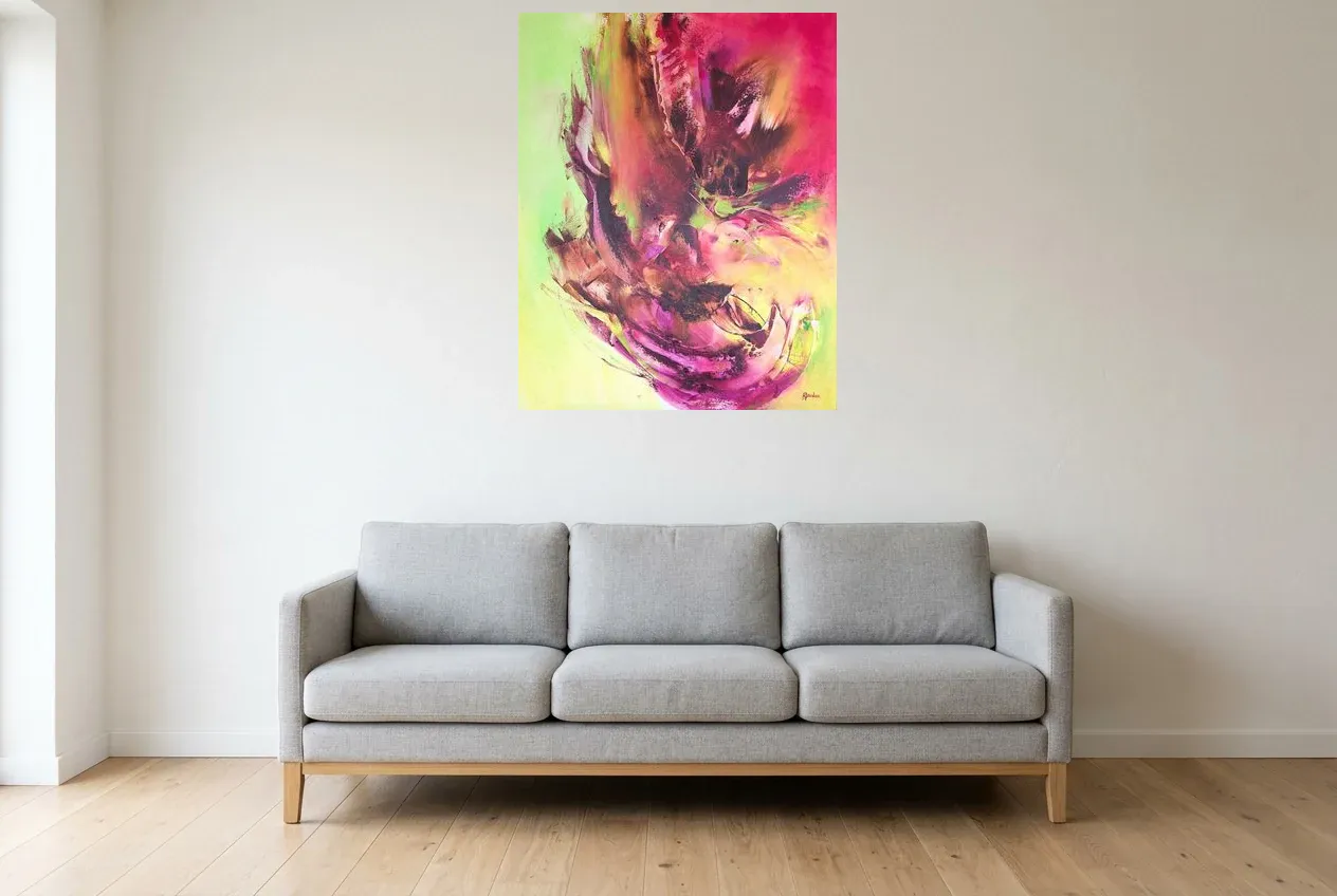 Pink Abstract Painting 127 “Éclosion”, original oil painting by Régine Gardan, 73 × 91 cm, hung in a living room