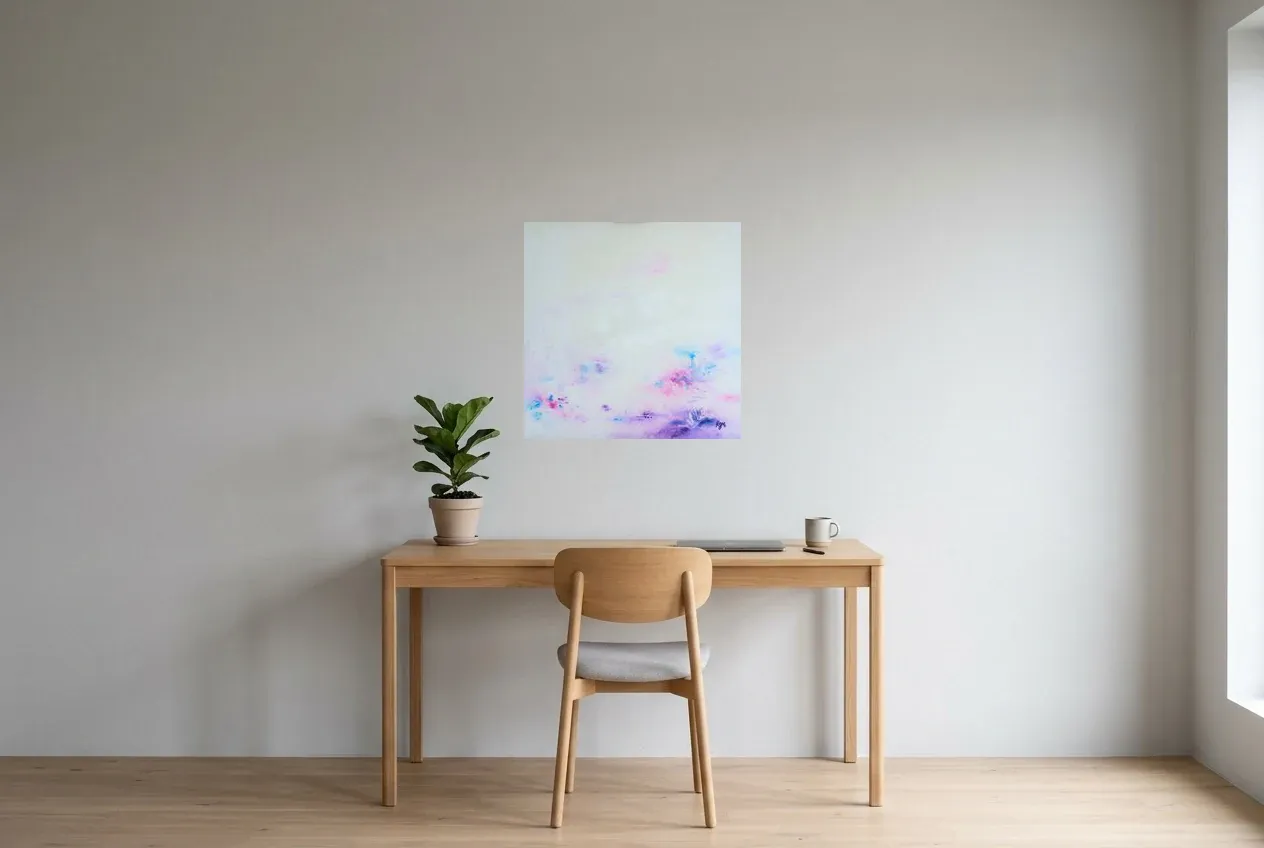 Pink Abstract Painting 143 “Mami”, original oil painting by Régine Gardan, 60 × 60 cm, hung in a home office